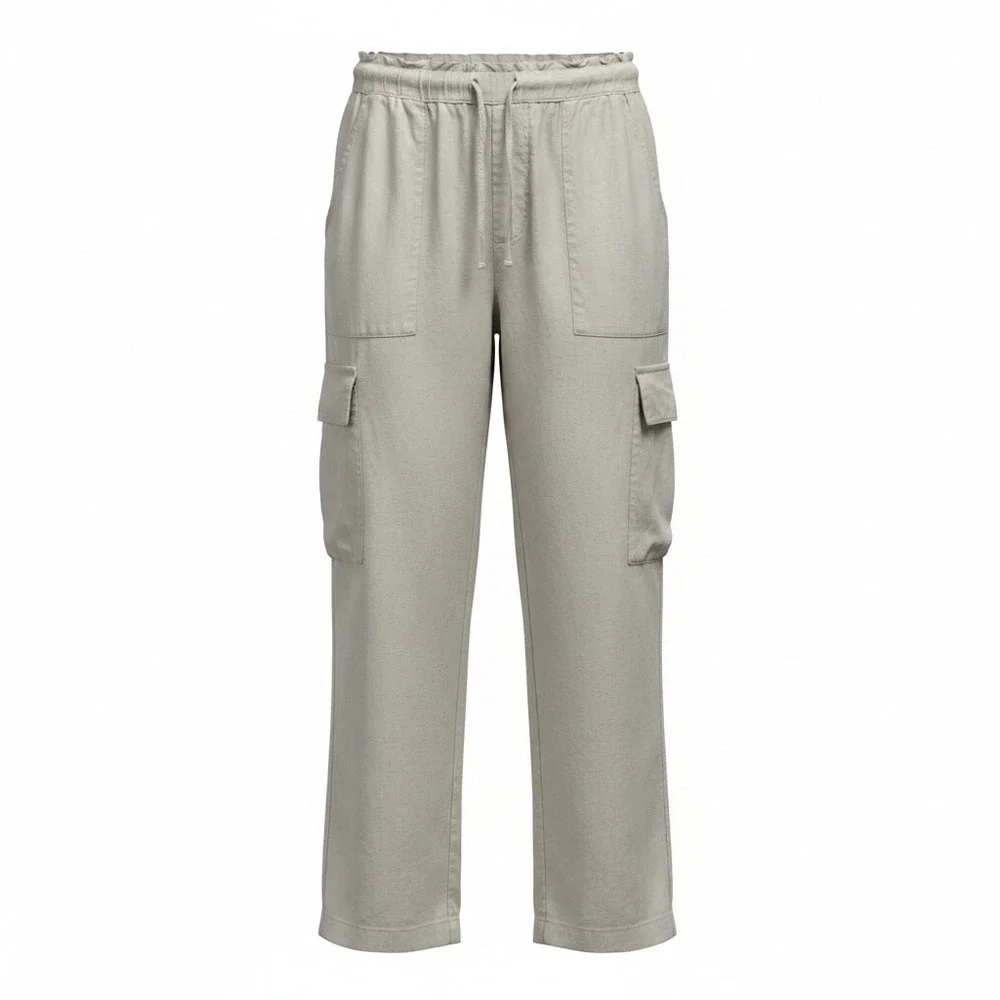Time and Tru Womens Y2K Linen Blend Cargo Pants Beige Elastic Waist Size XL